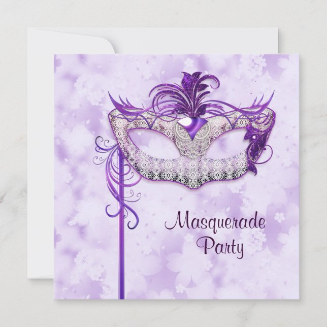 Elegant Silver Purple Masquerade Party Invitation (Front)