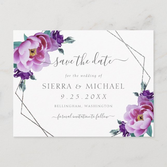 Elegant Silver Purple Peony Floral Save the Date Announcement Postcard (Front)