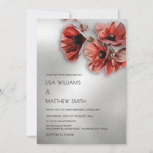 Elegant Silver Red Flowers   Photo Wedding Invitation