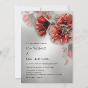 Elegant Silver Red Flowers Photo Wedding Invitation