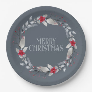 Elegant Silver Red Merry Christmas Wreath Paper Plate