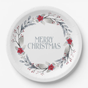 Elegant Silver Red Merry Christmas Wreath Paper Plate