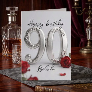 Elegant Silver Red Rose Milestone 90th Birthday Card