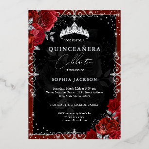 Elegant Silver Red Rose Quinceanera