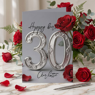 Elegant Silver Red Rose Romantic 30th Birthday Card