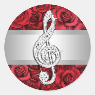 Elegant Silver Red Rose Treble Clef Stickers