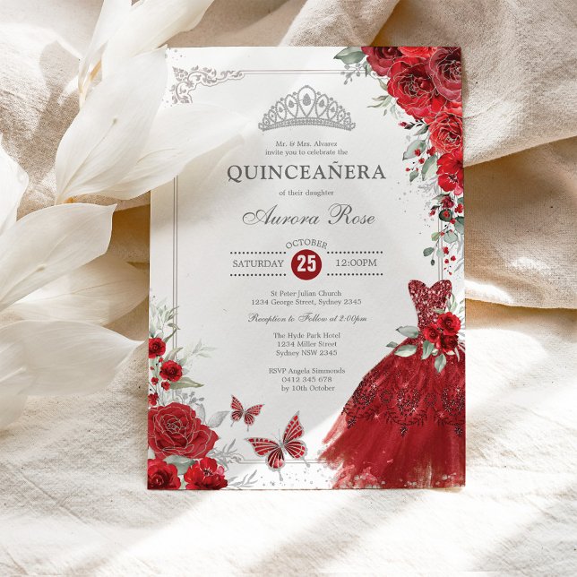 Elegant Silver Red Roses Quinceañera Princess Invitation (Creator Uploaded)