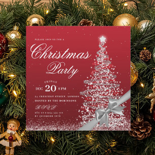 Elegant Silver Red Winter Christmas Tree Bow Invitation