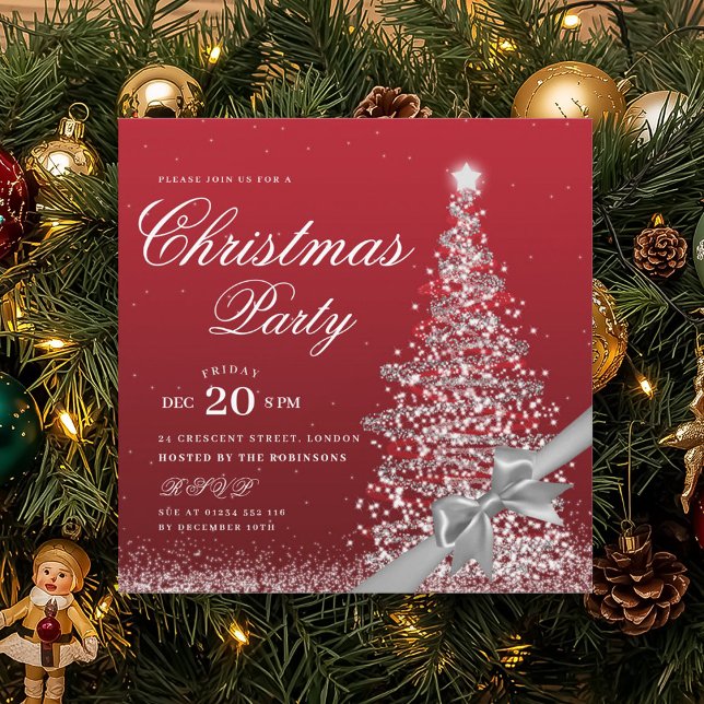Elegant Silver Red Winter Christmas Tree Bow  Invitation (Elegant Silver Red Winter Christmas Tree Bow Invitation)