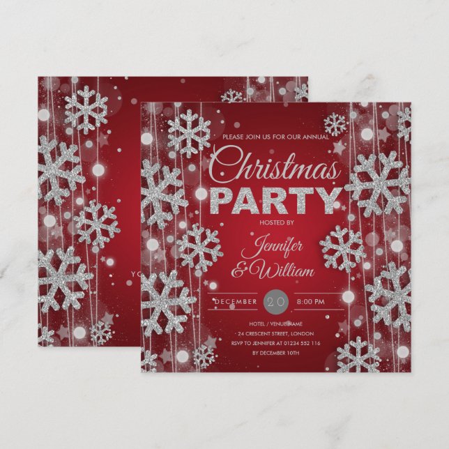 Elegant Silver Red Winter Glam Christmas Party Invitation (Front/Back)