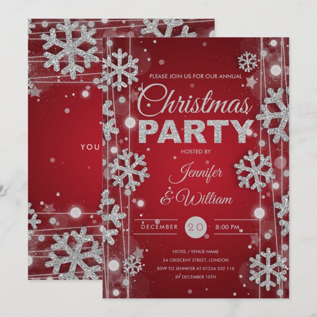 Elegant Silver Red Winter Glam Christmas Party Invitation (Front/Back)