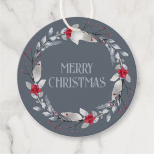 Elegant Silver Red Wreath Festive Favour Tags