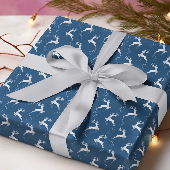 Elegant Silver Reindeer Blue Christmas Holiday Wrapping Paper (Creator Uploaded)