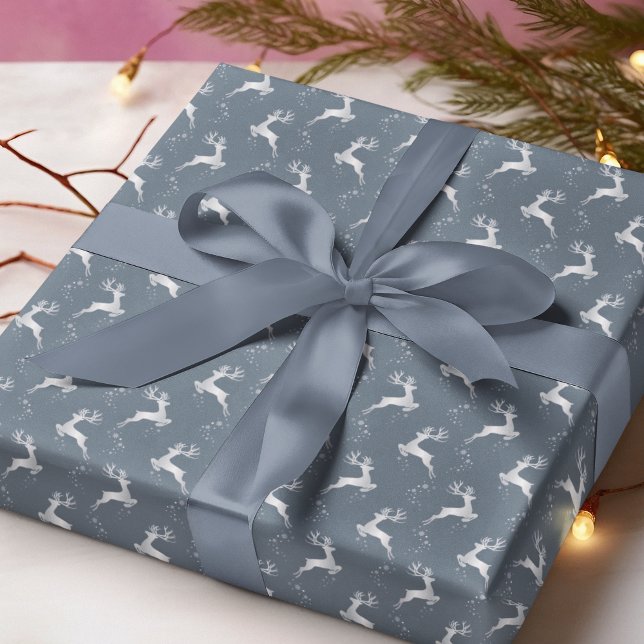 Elegant Silver Reindeer Blue Christmas Holiday Wrapping Paper (Creator Uploaded)