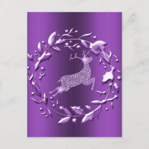 Elegant Silver Reindeer, Wreath Purple Christmas Postcard