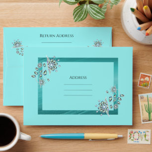Elegant Silver Rhinestone & Teal Border Wedding Envelope