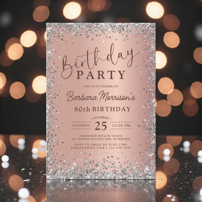 Elegant Silver Rose Gold Glitter 80th Birthday Invitation (Creator Uploaded)