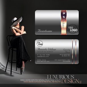 Elegant Silver Rose Gold with Logo Opening Hours Business Card