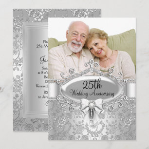 Elegant Silver Rose Photo 25th Anniversary Invite