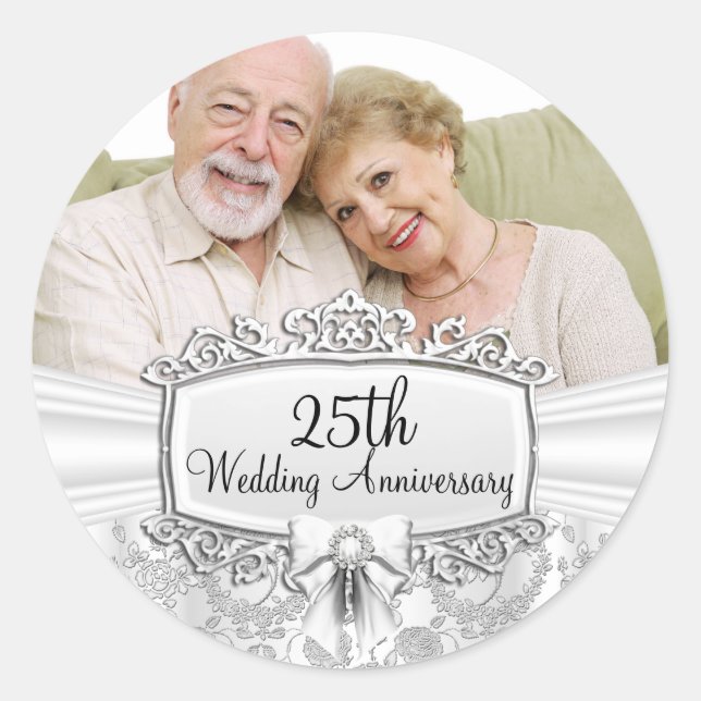 Elegant Silver Rose Photo 25th Anniversary Sticker (Front)