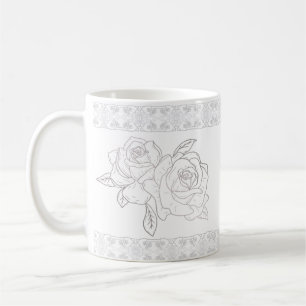 Elegant Silver Roses And Lace Embroidery Coffee Mug