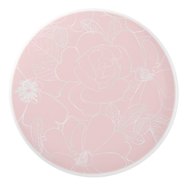 Elegant Silver Roses Floral Drawing Pink Design Ceramic Knob (Front)