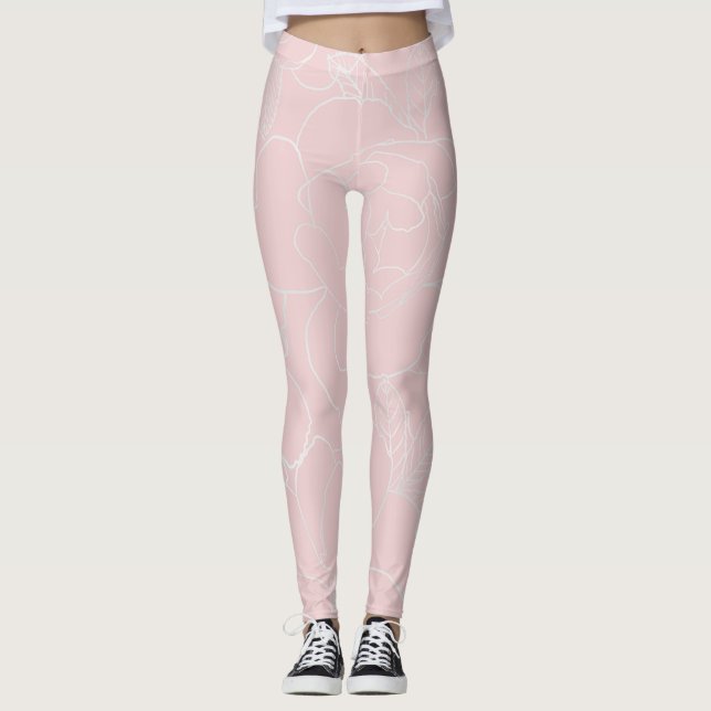 Elegant Silver Roses Floral Drawing Pink Design Leggings (Front)