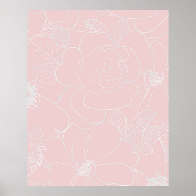 Elegant Silver Roses Floral Drawing Pink Design Poster (Front)