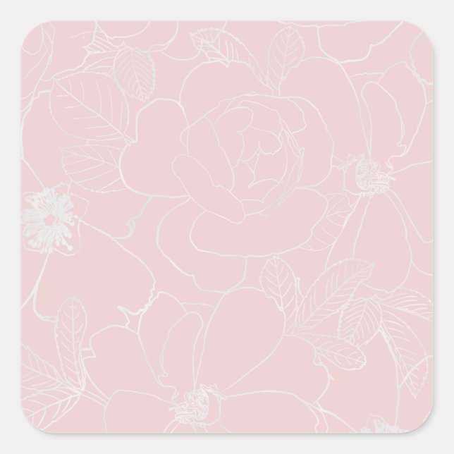 Elegant Silver Roses Floral Drawing Pink Design Square Sticker (Front)