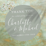 Elegant Silver Sage Signature Script Thank You Classic Round Sticker<br><div class="desc">Featuring signature style names,  this elegant silver sage sticker can be personalised with your special thank you information in chic white lettering. You can customise the background to your favourite colour. Designed by Thisisnotme©</div>