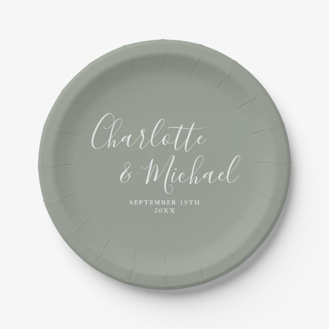 Elegant Silver Sage Signature Wedding Paper Plate (Front)