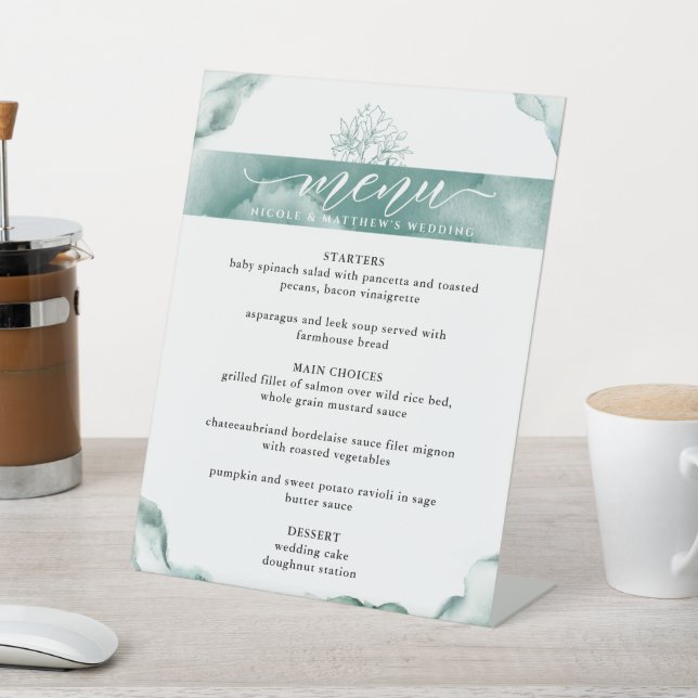 Elegant Silver Sage Watercolor Menu Pedestal Sign (In SItu)