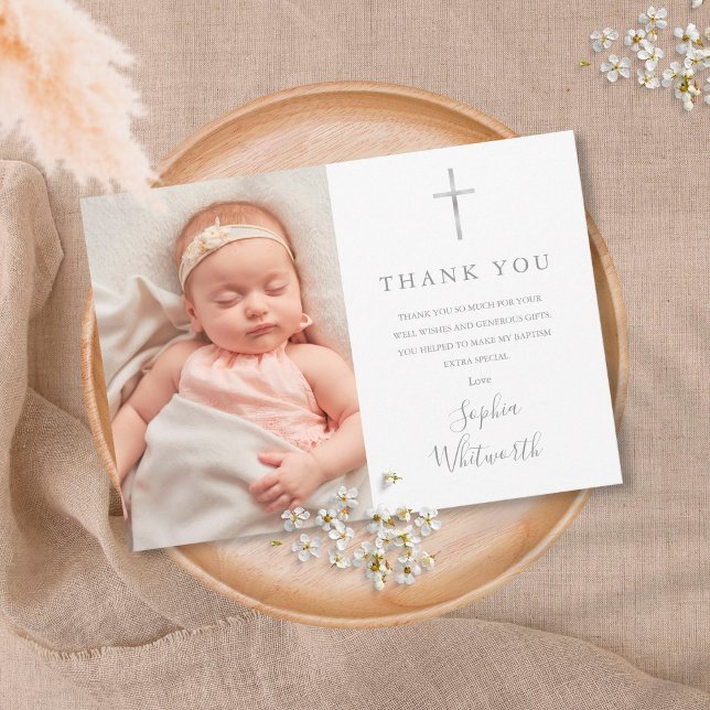 Elegant Silver Script Baptism Christening Photo Thank You Card (Creator Uploaded)