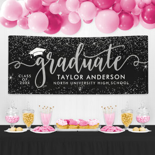 Elegant Silver Script Graduate Black Banner