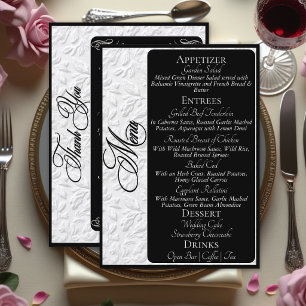 Elegant Silver Script on Black Menu & Thank You
