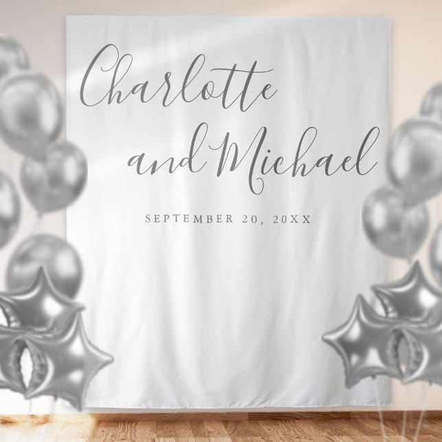 Elegant Silver Script Wedding Photo Booth Backdrop Tapestry (Creator Uploaded)