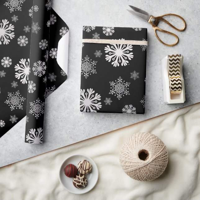 Elegant silver snowflakes black Wrapping Paper (Crafts)