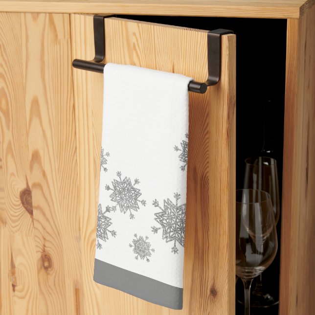 Elegant Silver Snowflakes Christmas Tea Towel (Thirds Fold)