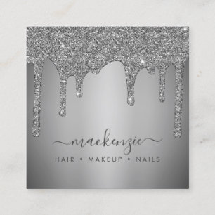 Elegant Silver Sparkle Glitter Drips Luxury Square Business Card