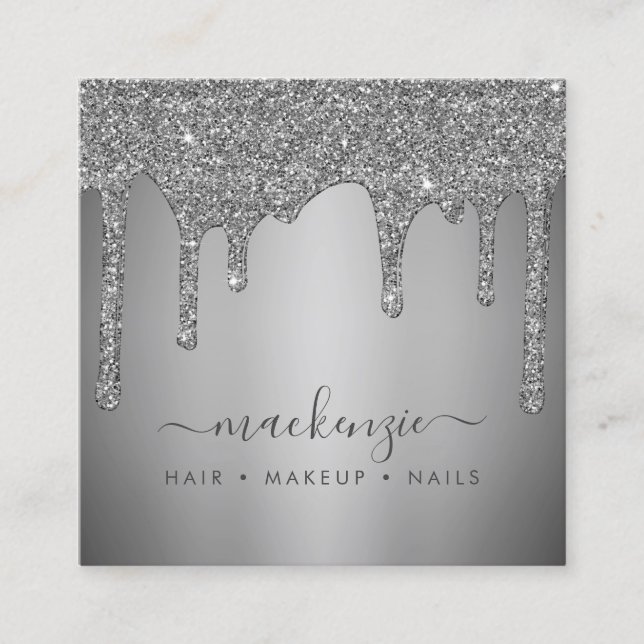 Elegant Silver Sparkle Glitter Drips Luxury Square Business Card (Front)