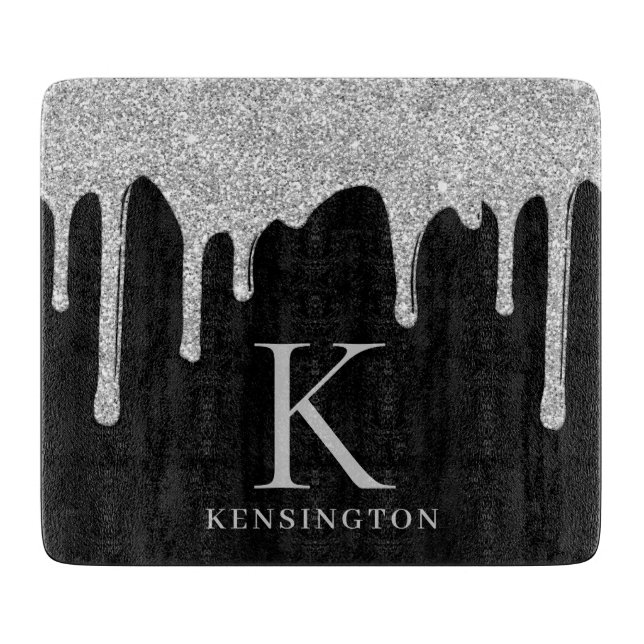 Elegant Silver Sparkle Glitter Drips Monogram Cutting Board (Front)