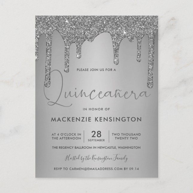 Elegant Silver Sparkle Glitter Drips Quinceañera Postcard (Front)