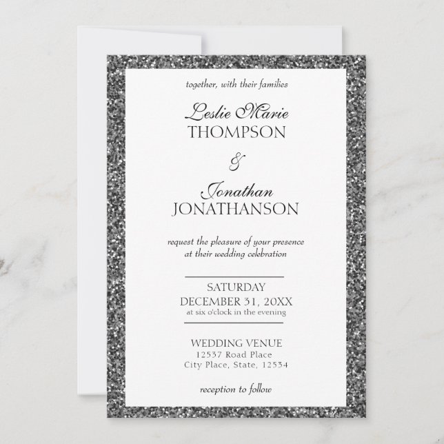 Elegant Silver Sparkle Modern Wedding Invitation (Front)
