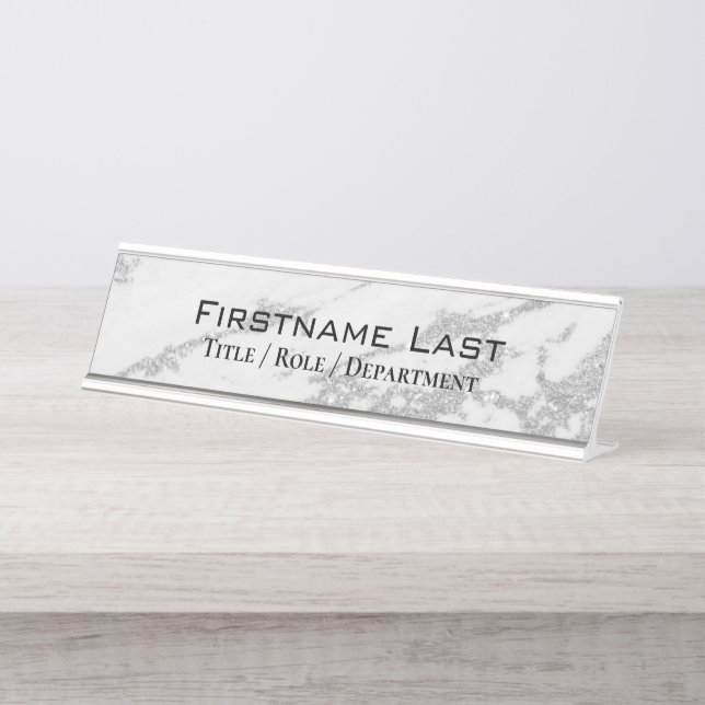 Elegant Silver Sparkle White Marble Custom Door or Desk Name Plate (Front)