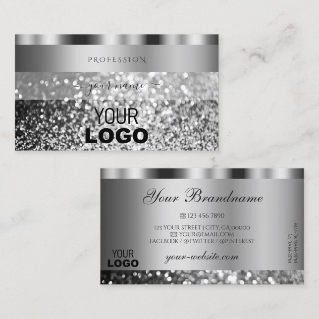 Elegant Silver Sparkling Glitter with Logo Modern Business Card (Front/Back)