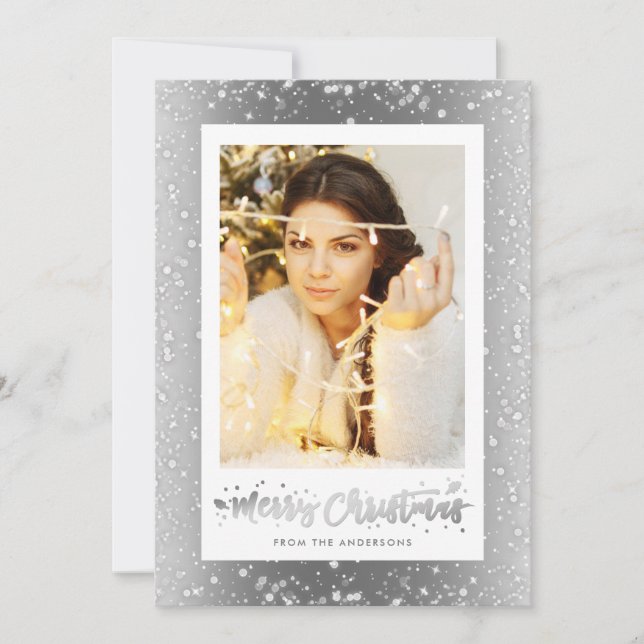 Elegant Silver Sparkly Snow Photo Christmas Cards (Front)