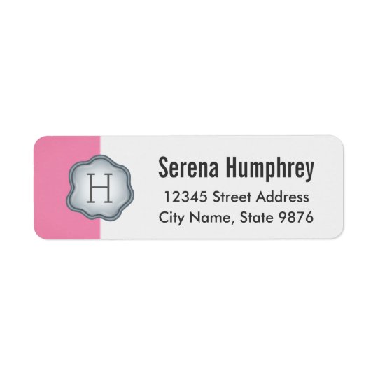 Elegant Silver Stamp Monogram on Pink Return Address Label