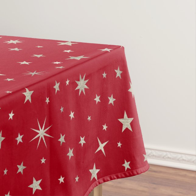    Elegant Silver Star Cute Festive Red Christmas  Tablecloth (In Situ)