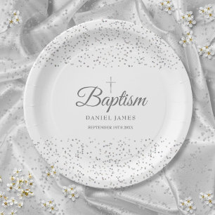 Elegant Silver Stardust Baptism Christening Paper Plate