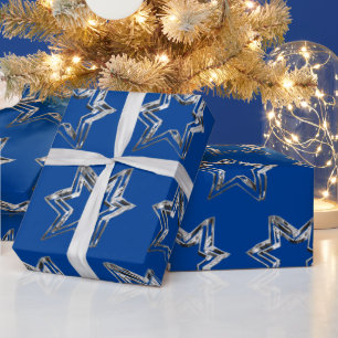 Elegant Silver Stars Pattern Blue Christmas Wrapping Paper